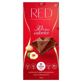 Czekolada mleczna z orzechami laskowymi i makadamia 30% mniej kalorii RED Delight, 100g