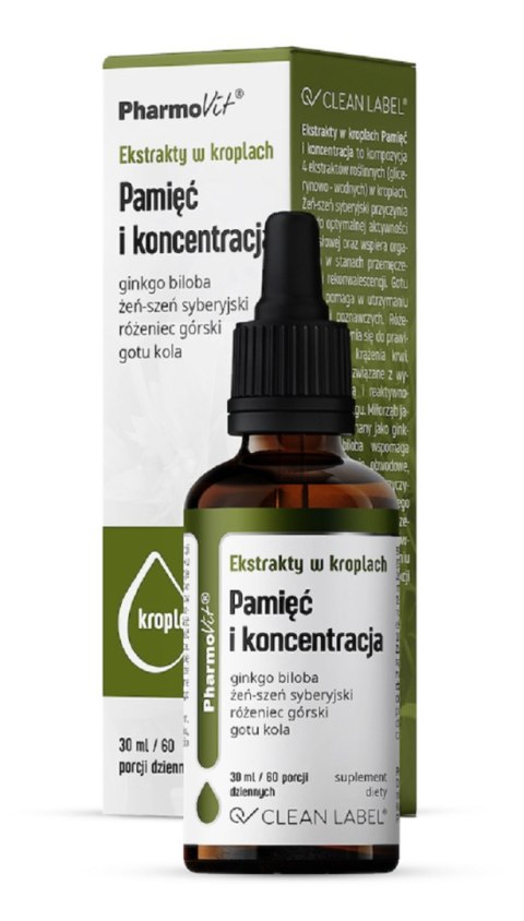 EKSTRAKTY W KROPLACH NA PAMIĘĆ I KONCENTRACJĘ BEZGLUTENOWE 30 ml - PHARMOVIT (CLEAN LABEL)