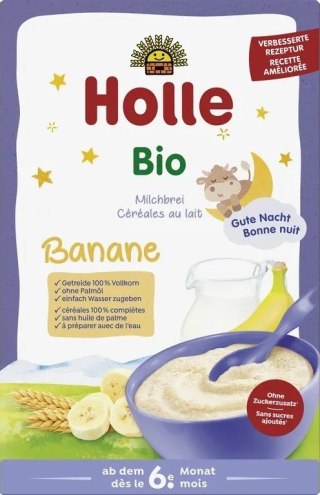 KASZKA PEŁNOZIARNISTA MLECZNO - BANANOWA BEZ DODATKU CUKRÓW OD 6 MIESIĄCA BIO 250 g - HOLLE