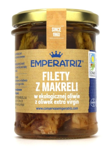 MAKRELA FILETY W BIO OLIWIE Z OLIWEK EXTRA VIRGIN 190 g (125 g) (SŁOIK) - EMPERATRIZ