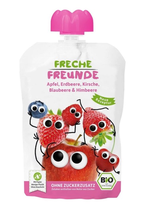 MUS JABŁKO - TRUSKAWKA - JAGODA - MALINA BEZ DODATKU CUKRÓW BEZGLUTENOWY OD 6 MIESIĄCA BIO 100 g - FRECHE FREUNDE MUS JABŁKO - TRUSKAWKA - JAGODA - MALINA BEZ DODATKU CUKRÓW BEZGLUTENOWY OD 6 MIESIĄCA BIO 100 g - FRECHE FREUNDE