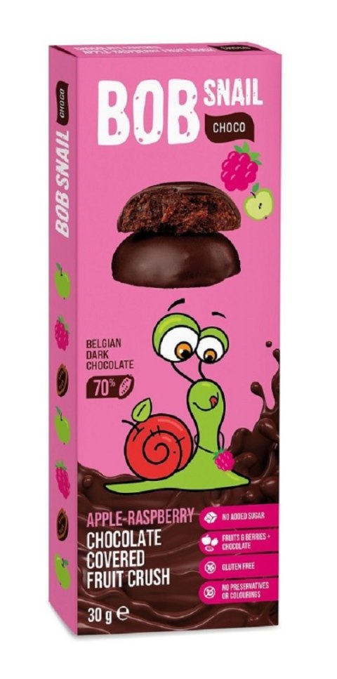 PRZEKĄSKA CHOCO JABŁKO - MALINA W CIEMNEJ CZEKOLADZIE BELGIJSKIEJ BEZ DODATKU CUKRÓW BEZGLUTENOWA 30 g - BOB SNAIL