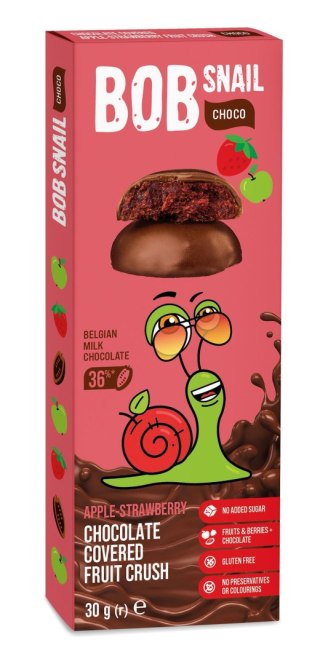 PRZEKĄSKA CHOCO JABŁKO - TRUSKAWKA W MLECZNEJ CZEKOLADZIE BIELGIJSKIEJ BEZ DODATKU CUKRÓW BEZGLUTENOWA 30 g - BOB SNAIL