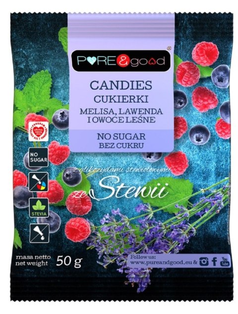 CUKIERKI Z MELISĄ, LAWENDĄ I OWOCAMI LEŚNYMI ZE STEWIĄ BEZ CUKRU 50 g - PURE&GOOD