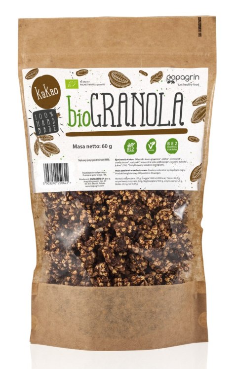 GRANOLA Z KAKAO BEZ DODATKU CUKRÓW BEZGLUTENOWA BIO 60 g - PAPAGRIN