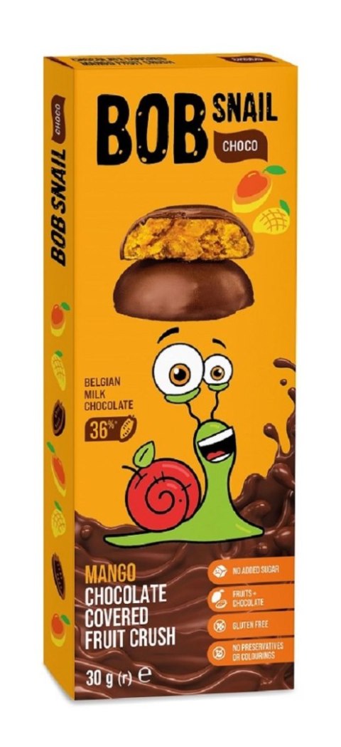 PRZEKĄSKA CHOCO MANGO W MLECZNEJ CZEKOLADZIE BELGIJSKIEJ BEZ DODATKU CUKRÓW BEZGLUTENOWA 30 g - BOB SNAIL