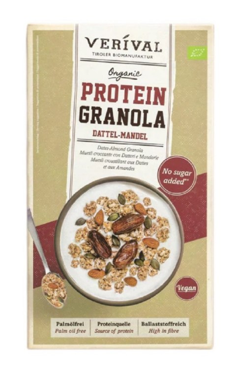 GRANOLA PROTEINOWA Z DAKTYLAMI I MIGDAŁAMI BEZ DODATKU CUKRÓW BIO 325 g - VERIVAL