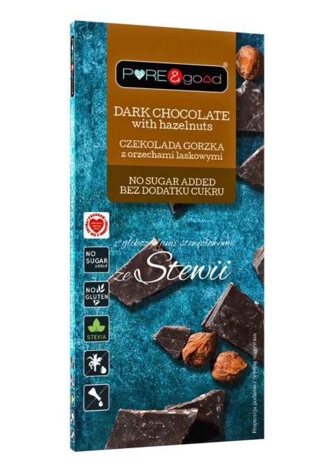 CZEKOLADA GORZKA Z ORZECHAMI LASKOWYMI ZE STEWIĄ BEZ DODATKU CUKRÓW BEZGLUTENOWA 125 g - PURE&GOOD CZEKOLADA GORZKA Z ORZECHAMI LASKOWYMI ZE STEWIĄ BEZ DODATKU CUKRÓW BEZGLUTENOWA 125 g - PURE&GOOD