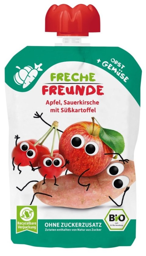 MUS JABŁKO - WIŚNIA - BATAT BEZ DODATKU CUKRÓW BEZGLUTENOWY OD 6 MIESIĄCA BIO 100 g - FRECHE FREUNDE MUS JABŁKO - WIŚNIA - BATAT BEZ DODATKU CUKRÓW BEZGLUTENOWY OD 6 MIESIĄCA BIO 100 g - FRECHE FREUNDE